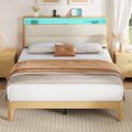 Garvee Queen Size Boucle Bed Frame with Headboard and LED Lights, Upholstered Platform Bed Frame with Charging Station and 2-Tier Storage Shelves, No Box Spring Needed, Easy Assembly, Cream