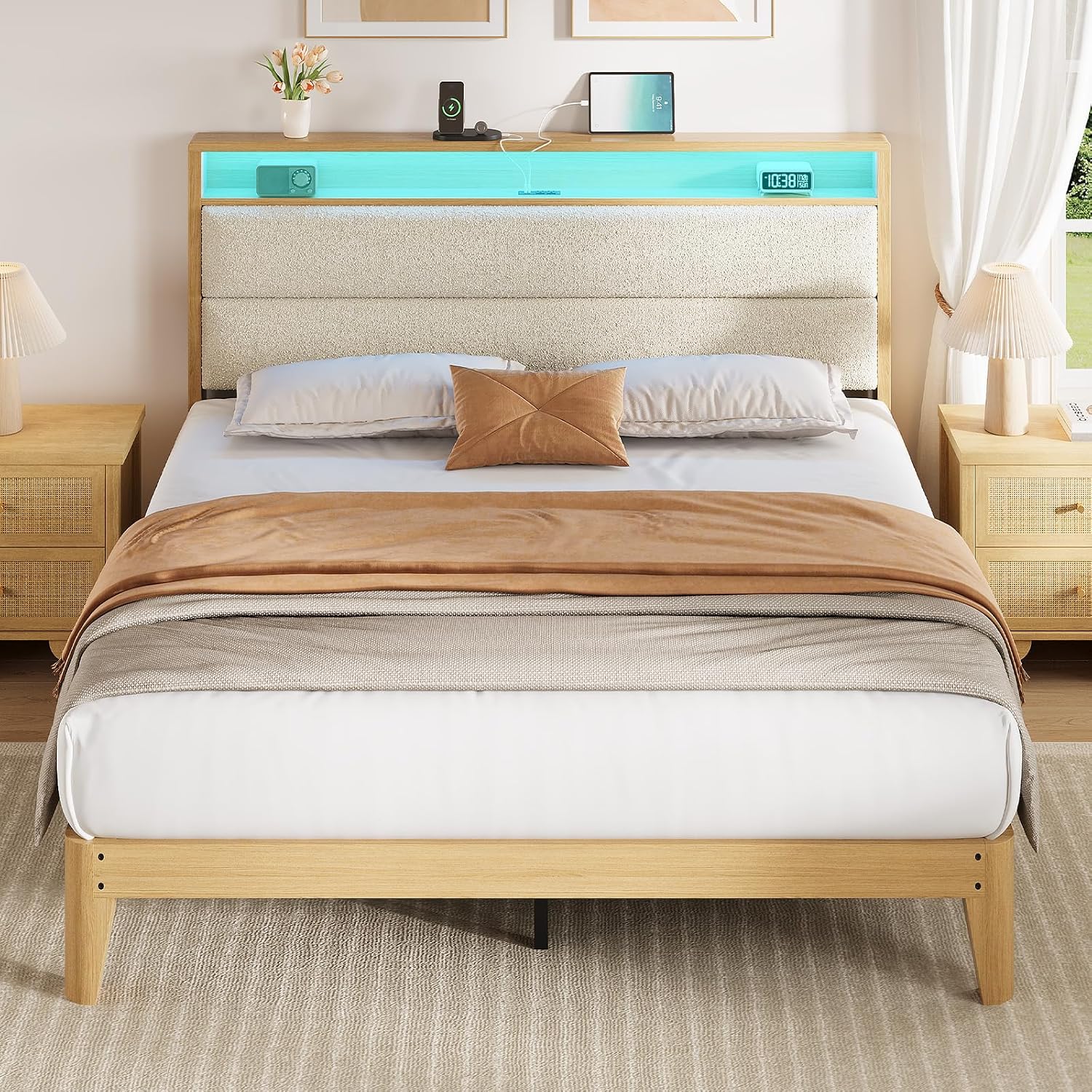 Garvee Queen Size Boucle Bed Frame with Headboard and LED Lights, Upholstered Platform Bed Frame with Charging Station and 2-Tier Storage Shelves, No Box Spring Needed, Easy Assembly, Cream