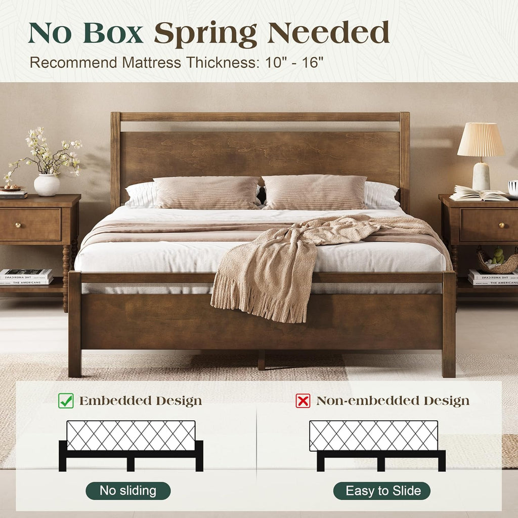 AMERLIFE Full Size Solid Wood Bed Frame with Headboard, Minimalist Platform Bed with Wooden Slats Support/No Box Spring Needed/Easy Assembly/Noise-Free, Dark Brown