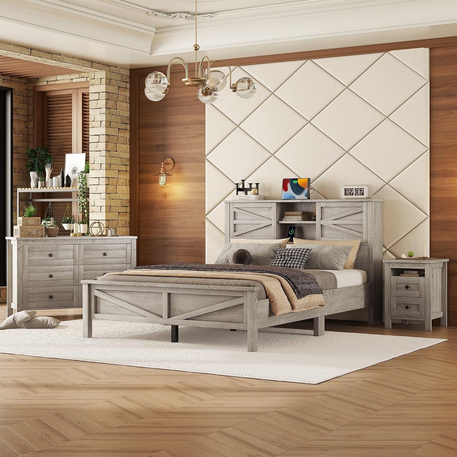 Polibi 3-Pieces Bedroom Sets Queen Size Platform Bed with Double Sliding Door Charging Headboard, Socket & USB, Includes Bedside Table and Dresser, Antique Gray