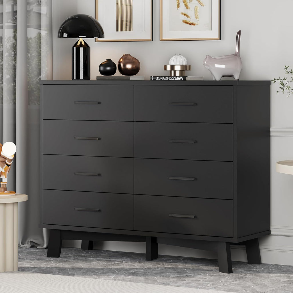 Xixini Dresser for Bedroom, 8 Drawer Wide Modern Chest of Drawers with X-Shaped Sturdy Base, Wood Double Dresser Closet Clothes Storage Organizer, Wooden TV Stand for Living Room, Hallway, Black