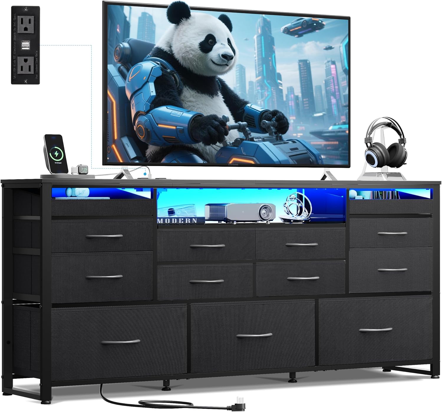 WLIVE Long Dresser for Bedroom, TV Stand for 55, 60, 65 Inch TV, 13 Drawer Wide Fabric Dresser with Wood Top, Large Storage Chest of Drawers for Living Room, Hallway, Closet, Black