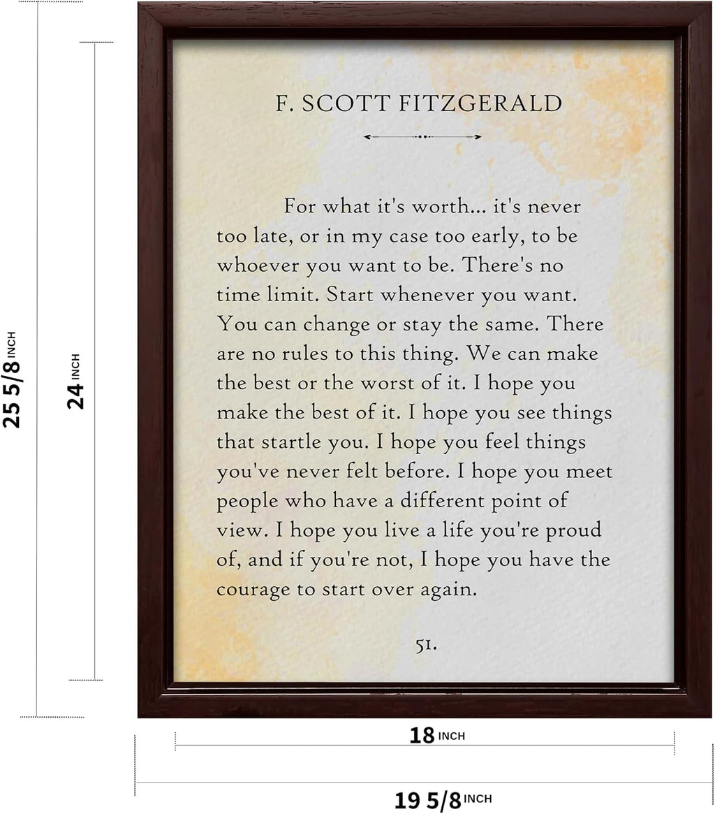 Poster Master For What Its Worth Canvas - F. Scott Fitzgerald Print - Book Page Art - Literary Art - Gift for Men & Women - Minimal Decor for Bedroom, Living Room, or Library - 18x24 Brown Framed