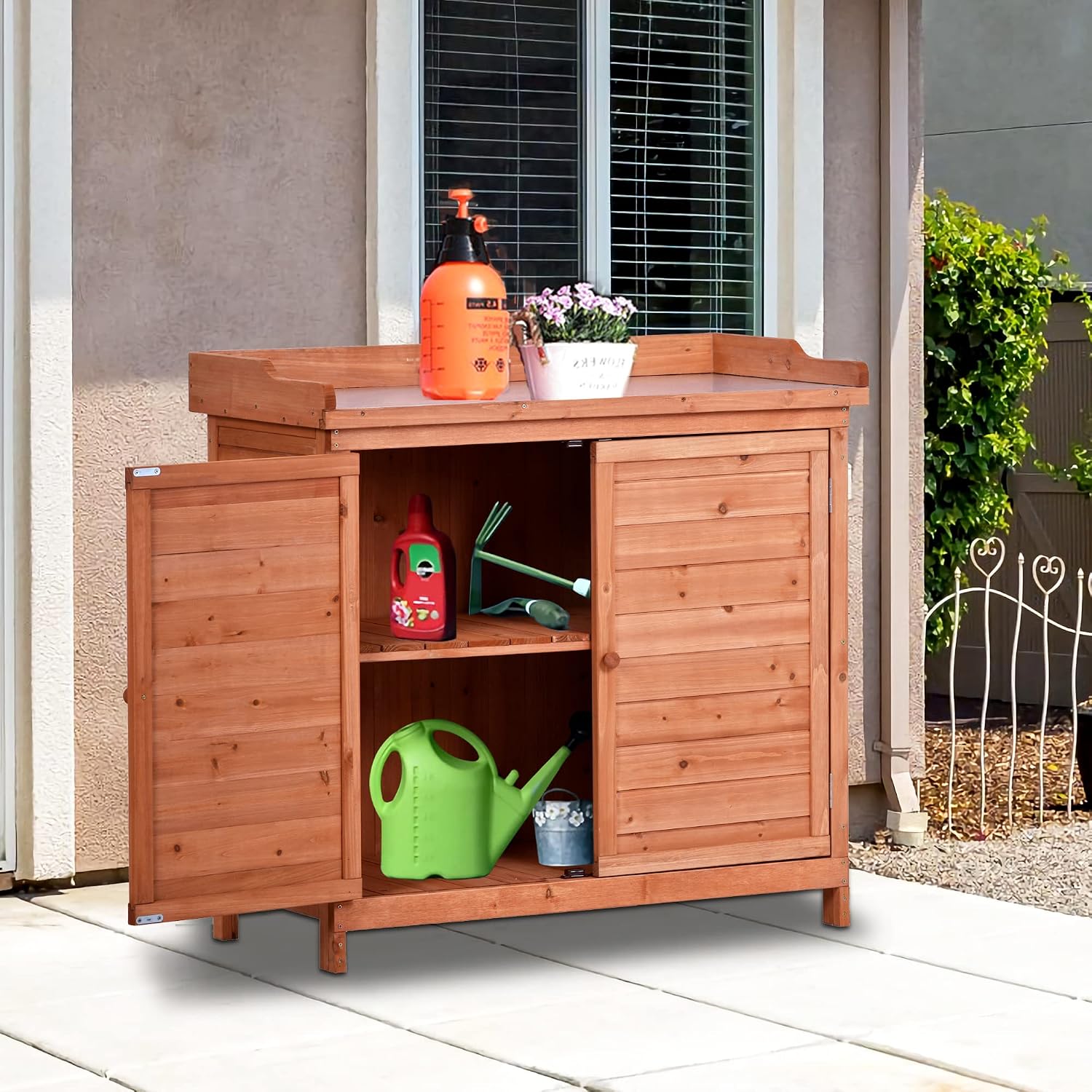 LUMISOL Potting Bench Table Garden Outdoor Bench with Galvanized Tabletop Wood Workstation Table Storage Cabinet with Side Hook (Orange)