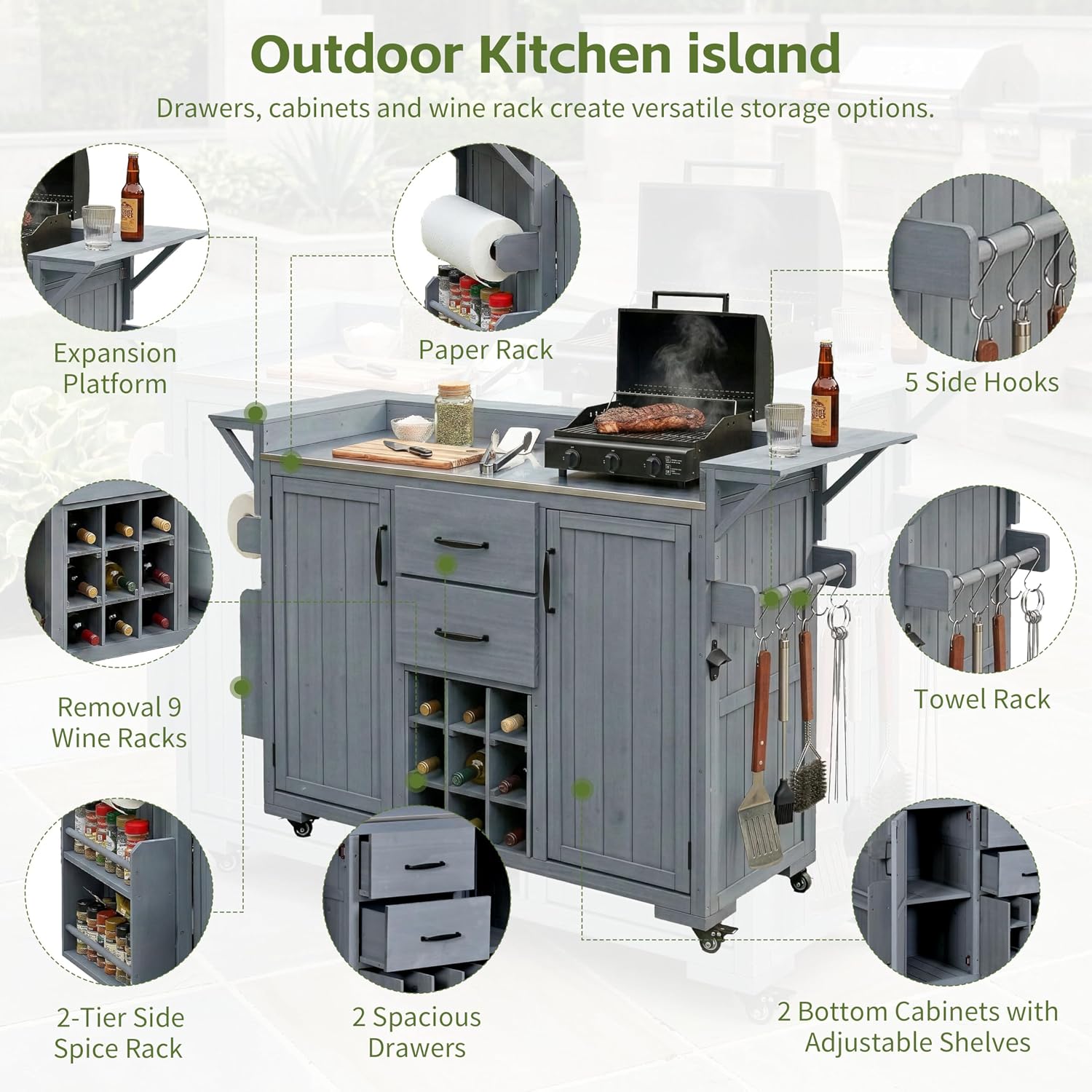 Modern 60.2''W Outdoor Kitchen Island with Wheels,Rolling Patio BBQ Cart with Stainless Steel Top,Wood Grill Cart with Spice Rack&Wine Rack,2 Drawers (Gray-T)