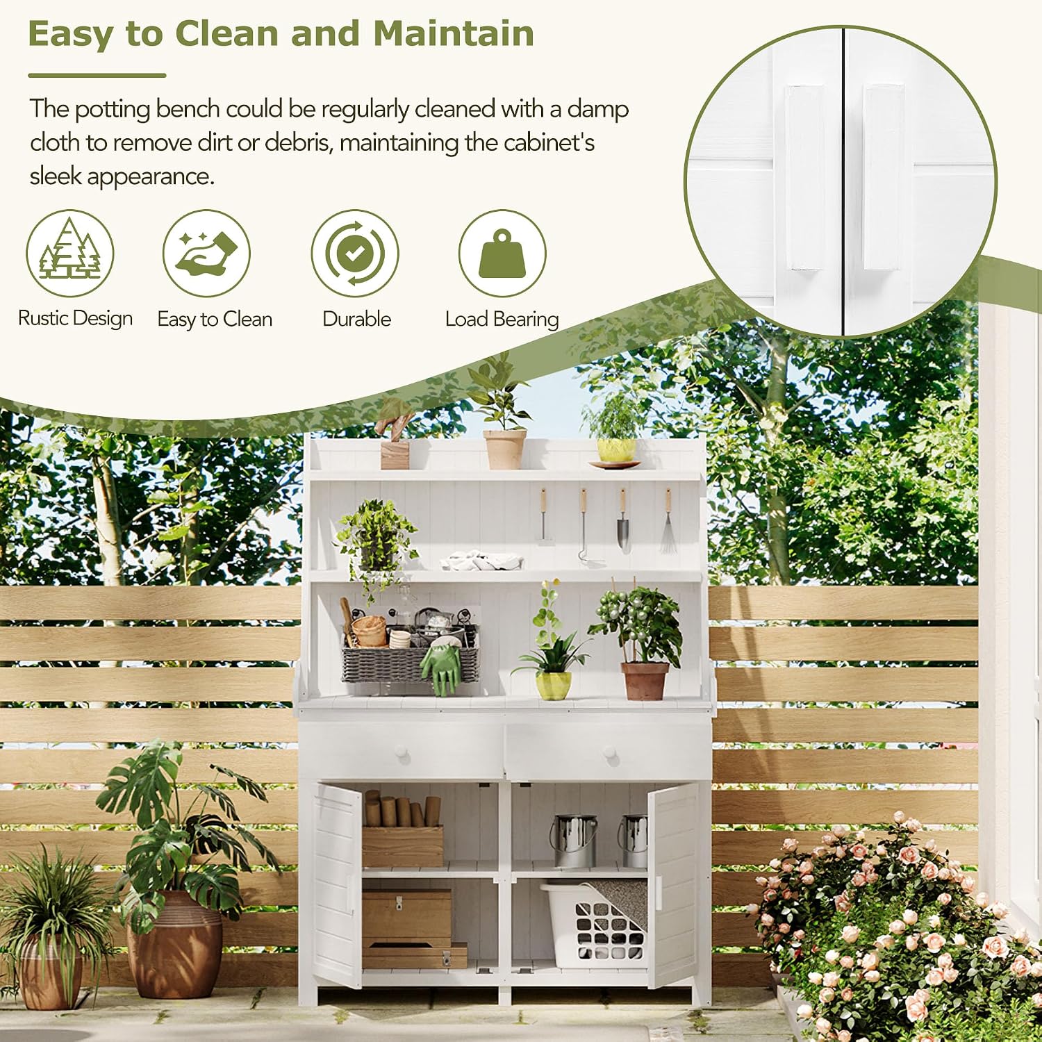 65' Potting Bench Table with Storage Fir Wood Garden Workstation with Cabinet Drawers and Shelves Outdoor Potion Station Water Resistant Frame for Outdoor Gardening and Organizing White