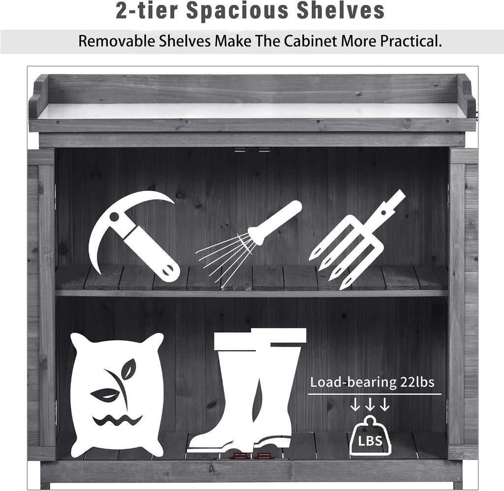 Outdoor 39' Potting Bench Table, Rustic Garden Wood Workstation Storage Cabinet Garden Shed with 2-Tier Shelves and Side Hook, Orange,for Outdoor Indoor Use (Grey)