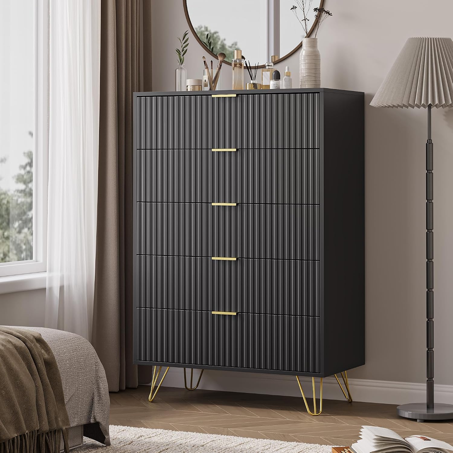MAISONARIA 5 Drawers Dresser for Bedroom, 47' Tall Modern Chest of Drawers with Gold Handle, Fluted Wood Dresser for Bedroom, Living Room, Hallway, Entryway, Black