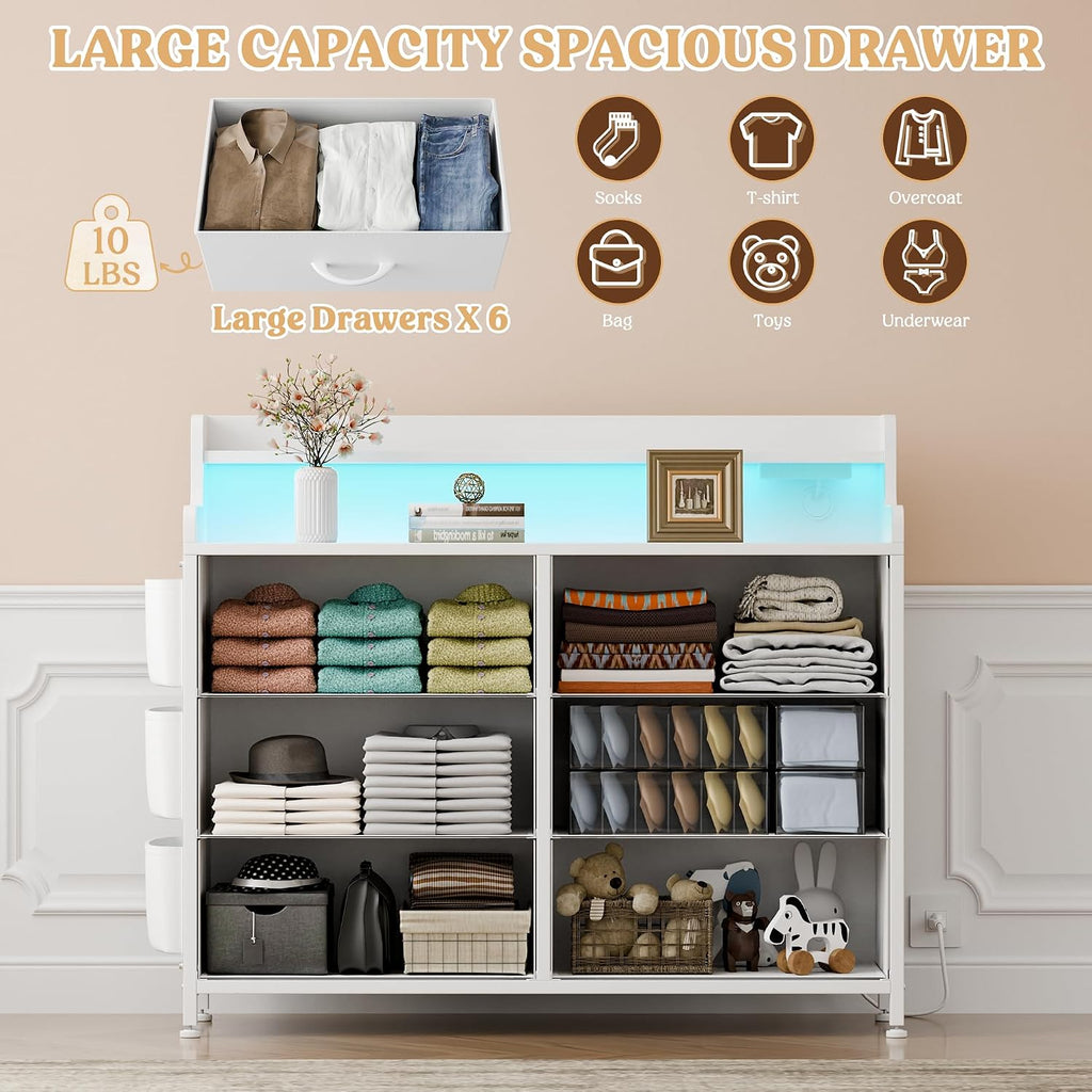 Lulive White Dresser for Bedroom 6 Drawers - Fabric Dressers for Bedroom with LED Light & Charging Station - Adults Chest of Drawers for Living Room Hallway Closet (White)