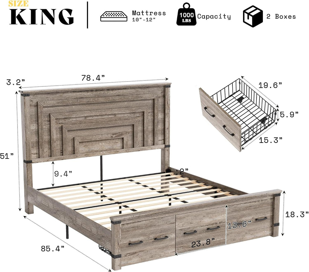 AMERLIFE King Bed Frame with 51' Tall Headboard, 3 Large Storage Drawers, Wood Platform Bed, No Box Spring Needed, Silent Frame, Easy Assembly, Farmhouse, Rustic Grey