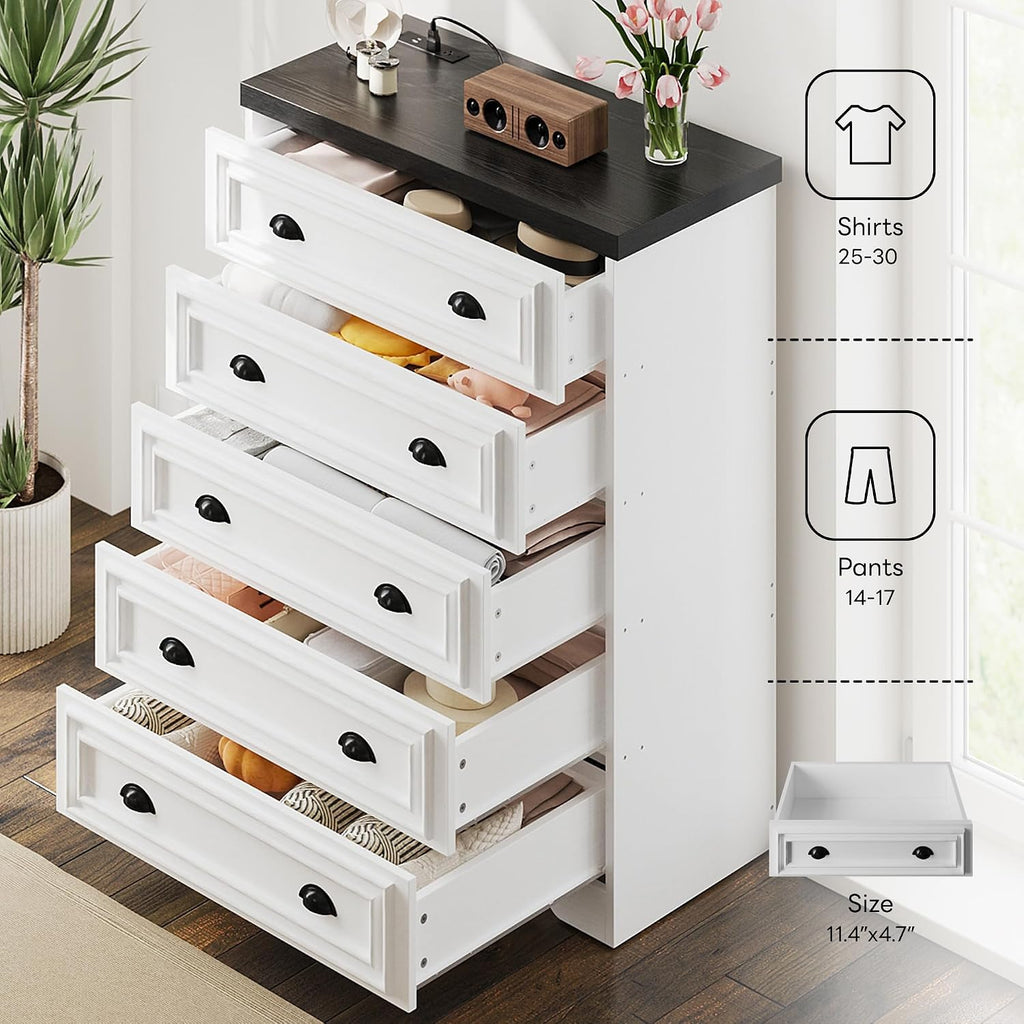 LIKIMIO 5-Drawer 43' Tall Dresser with Built-in Charging Station - Farmhouse Style Bedroom Storage Cabinet, Black &White