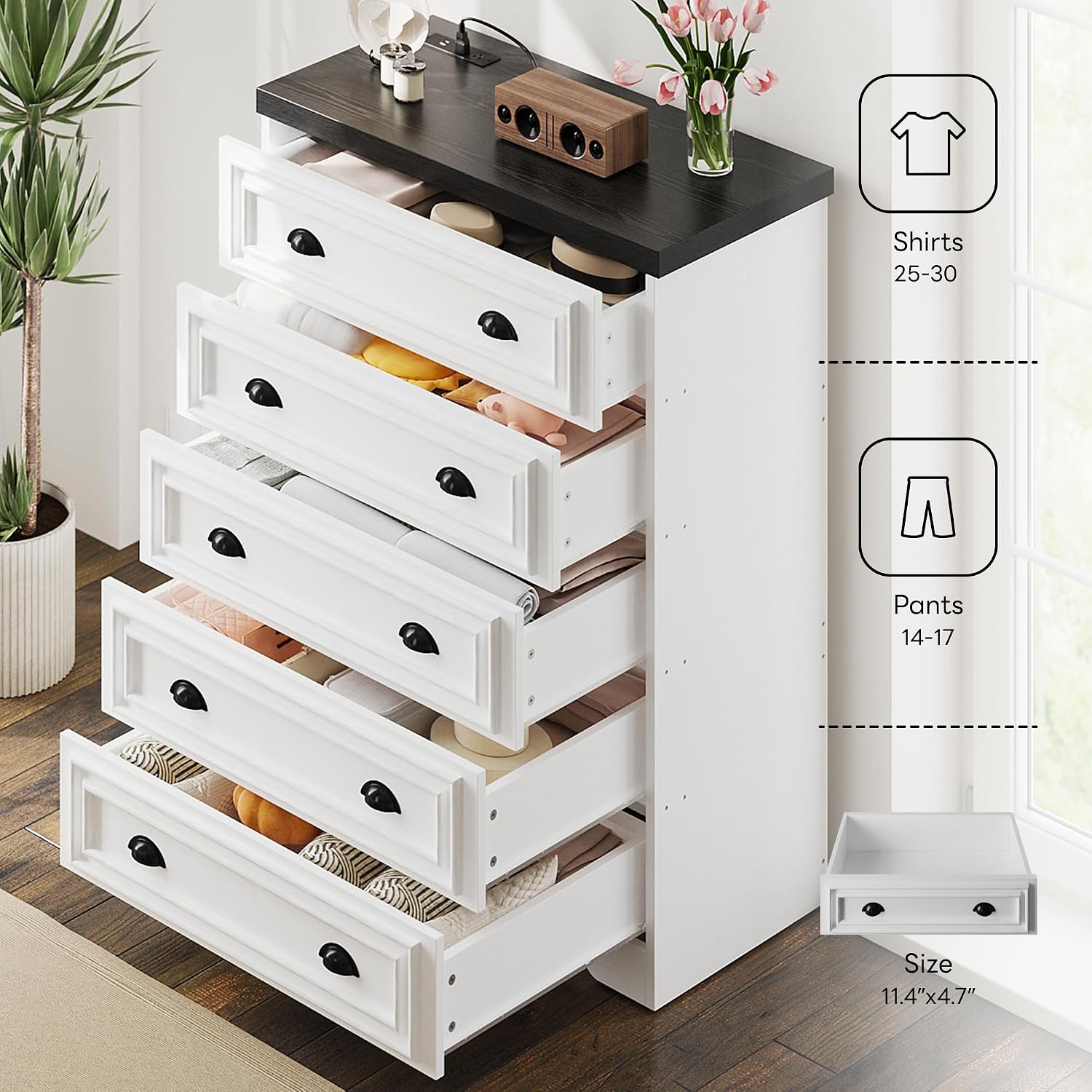 LIKIMIO 5-Drawer 43' Tall Dresser with Built-in Charging Station - Farmhouse Style Bedroom Storage Cabinet, Black &White