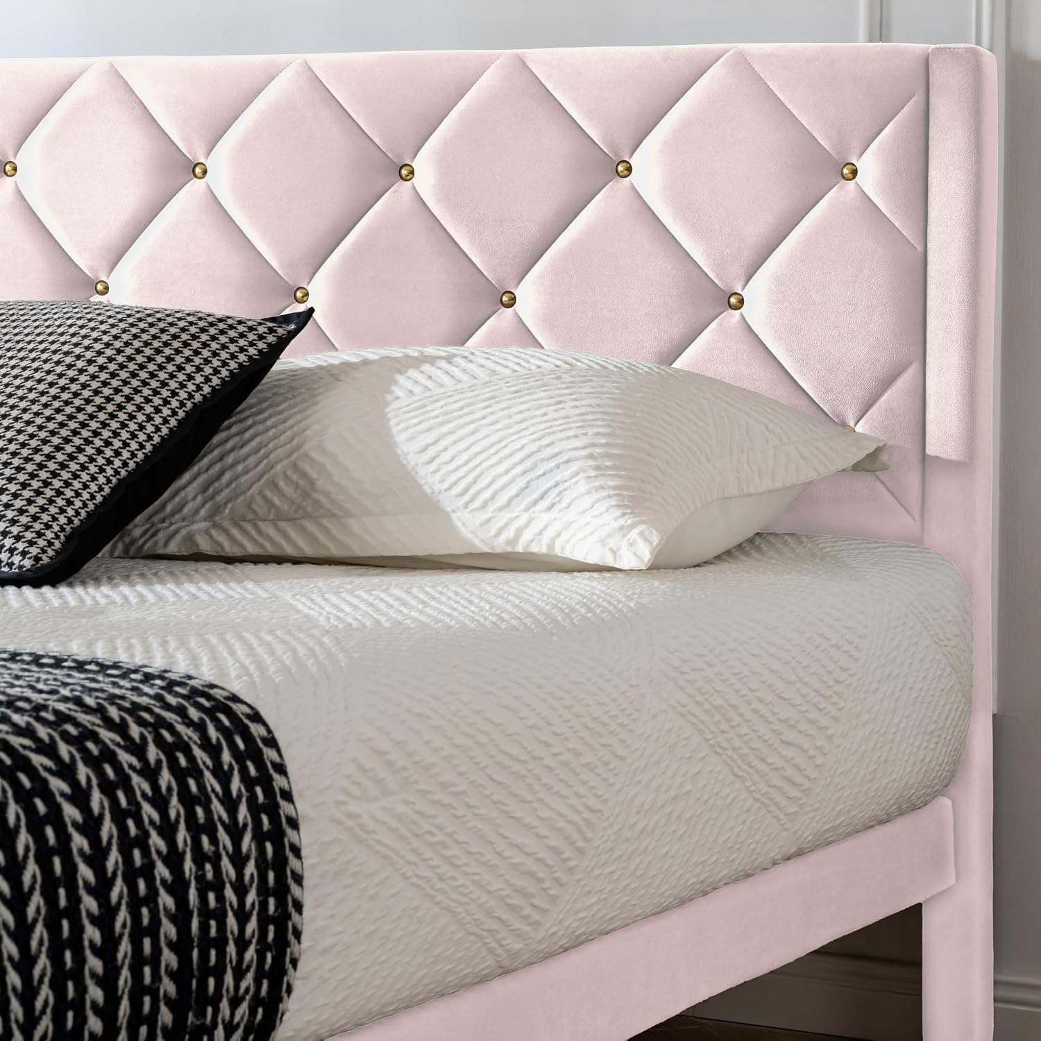 Queen Size Platform Bed Frame with Velvet Headboard, Sturdy Wooden Slats Support, Mattress Foundation, No Box Spring Required, Non-Slip and Noise-Free, Easy Assembly, Pink