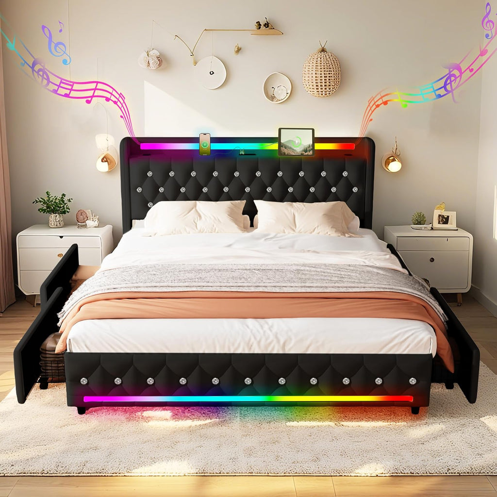 Juego 5-in-1 LED Queen Upholstered Platform Bed Frame with Bluetooth Speakers,Velvet Bed with Headboard,USB & Type-C Charging Station,4 Drawers Storage and Wooden Slats Support,Noise Free,Black