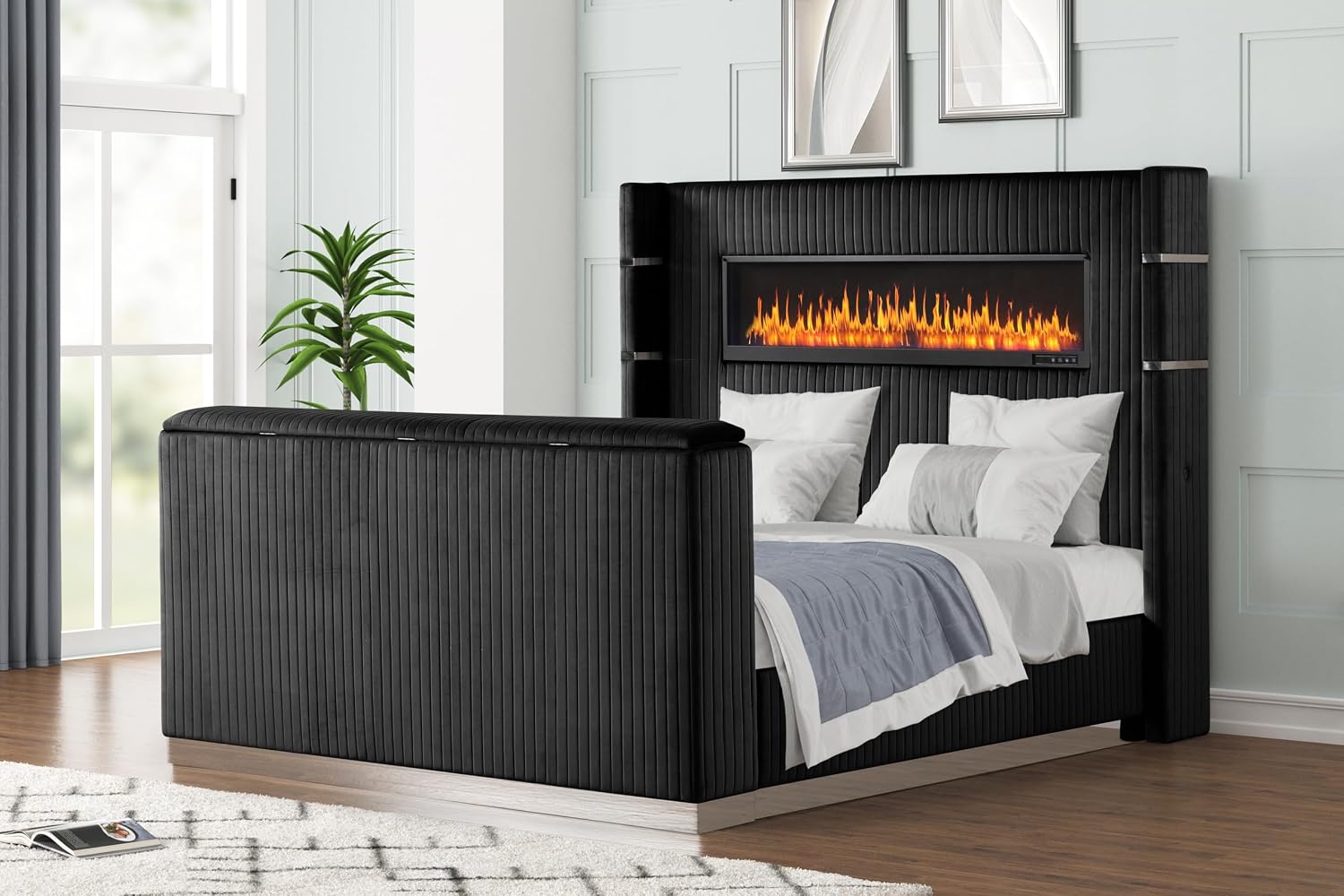Lavish Modern Style 5 Pc King Bedroom Set Made with Fireplace in Headboard TV Stand in Footboard with Wood in Black