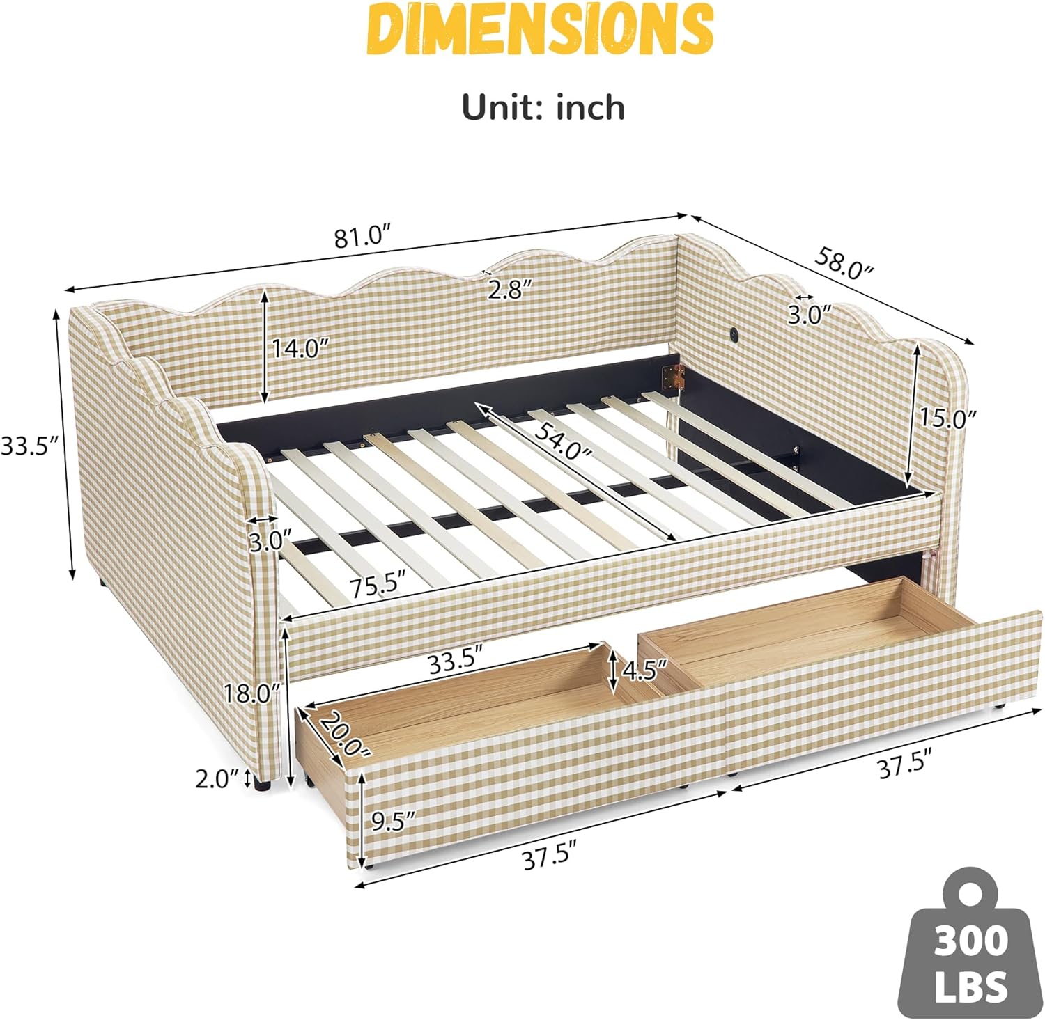 DEINPPA Full Size Upholstered Daybed with 2 Storage Drawers, Gingham Daybed with USB Ports for Bedroom Living Room Guest Room-Brown