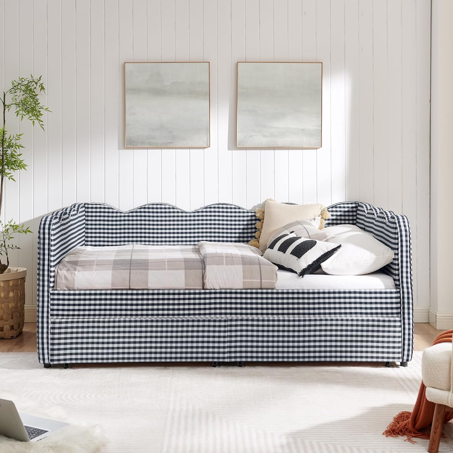 DEINPPA Full Size Upholstered Daybed with 2 Storage Drawers, Gingham Daybed with USB Ports for Bedroom Living Room Guest Room-Navy