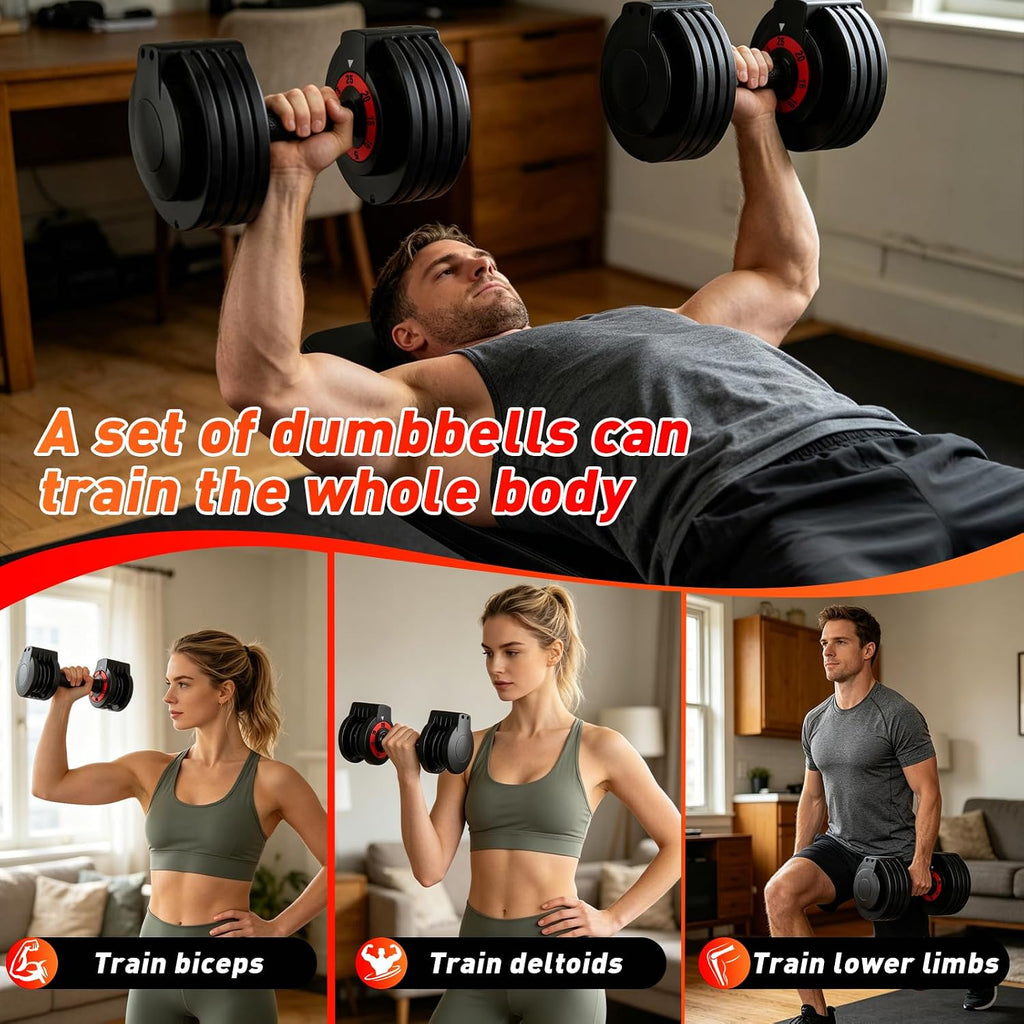 25/55lb Pair Adjustable Dumbbell Set, Adjustable Dumbbells Set of 2, 5 in 1/10 in 1 Free Weights Dumbbells Set with Anti-Slip Texture Handle, Weight Set For Home Gym Suit both Men and Women