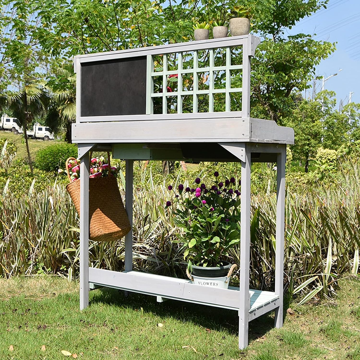 Garden Potting Bench Table, Wooden Outdoor Garden Potting Bench with Sink, Drawer and Blackboard, Natural Fir Wood Gardening Workbench for Patios