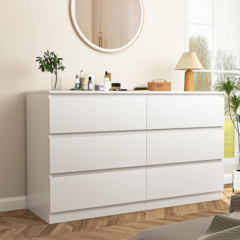 Vibe & Dine White Dresser 6 Drawer, Modern Double Dresser for Bedroom, Wood Chest of Drawers with Wide Storage for Living Room
