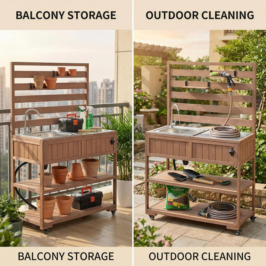 Outdoor Grill Table with Stainless Steel Sink, Outdoor Sink Station, 41.7' Rolling Kitchen Island Cart, Solid Wood Potting Table, 2 Shelves (Brown)