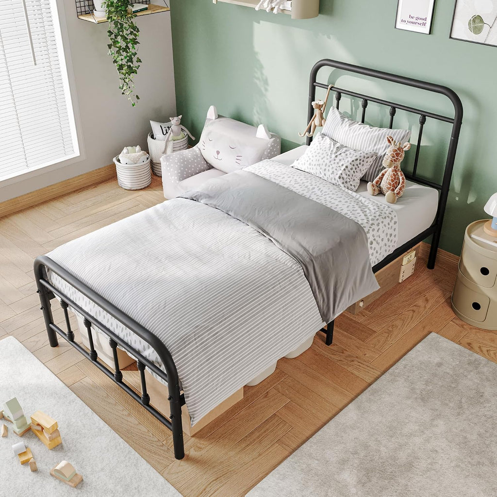 Vintage Twin Size Bed Frame with Headboard and Footboard Mattress Heavy Duty Metal Platform, Steel Slat Support (Twin, Black Sanded)