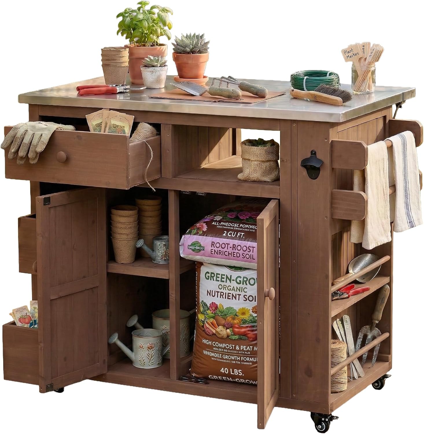 Roomfitters Outdoor Grill Cart and BBQ Prep Station, Stainless Steel Top, Rolling Kitchen Island Potting Bench, Brown