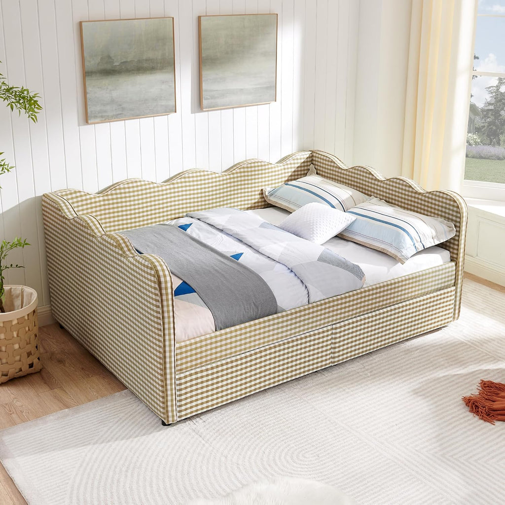 DEINPPA Full Size Upholstered Daybed with 2 Storage Drawers, Gingham Daybed with USB Ports for Bedroom Living Room Guest Room-Brown