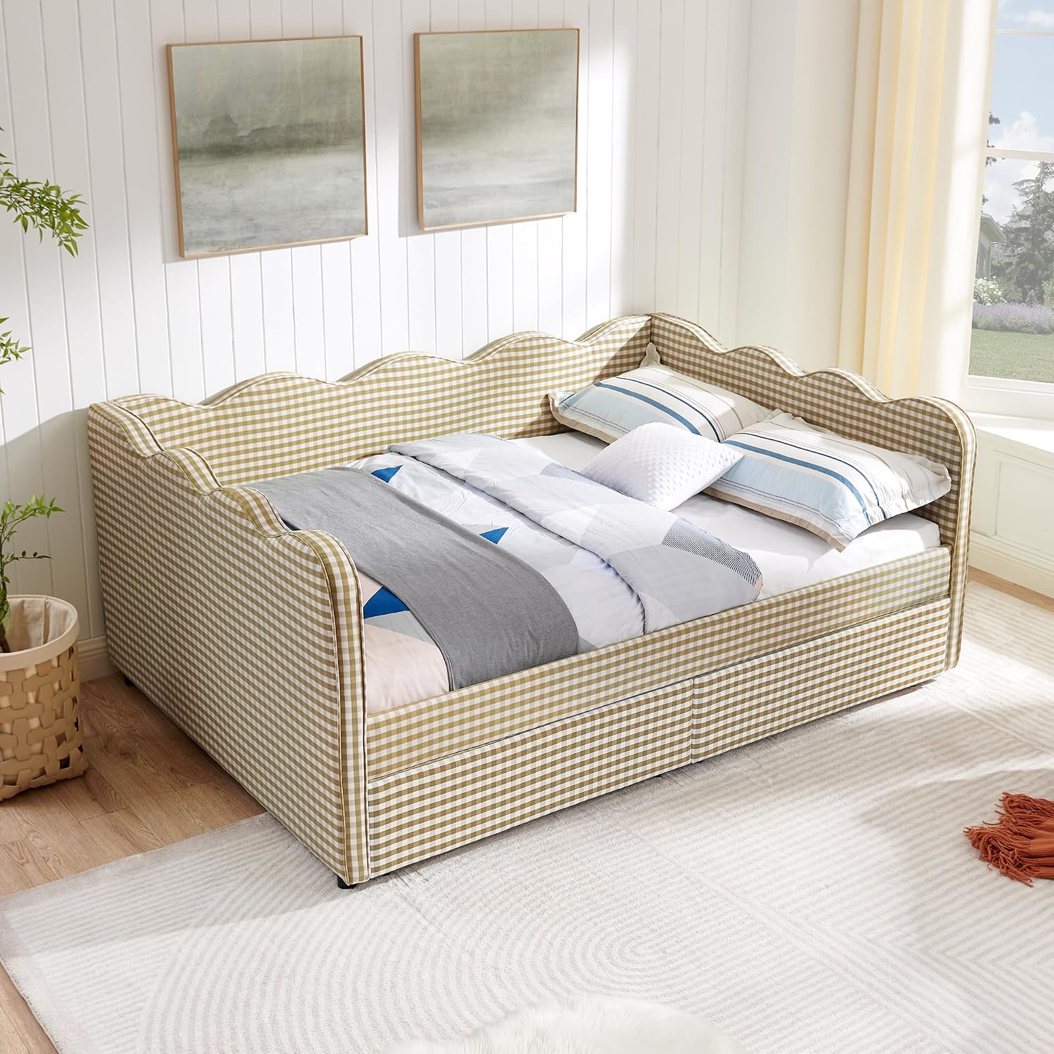 DEINPPA Full Size Upholstered Daybed with 2 Storage Drawers, Gingham Daybed with USB Ports for Bedroom Living Room Guest Room-Brown