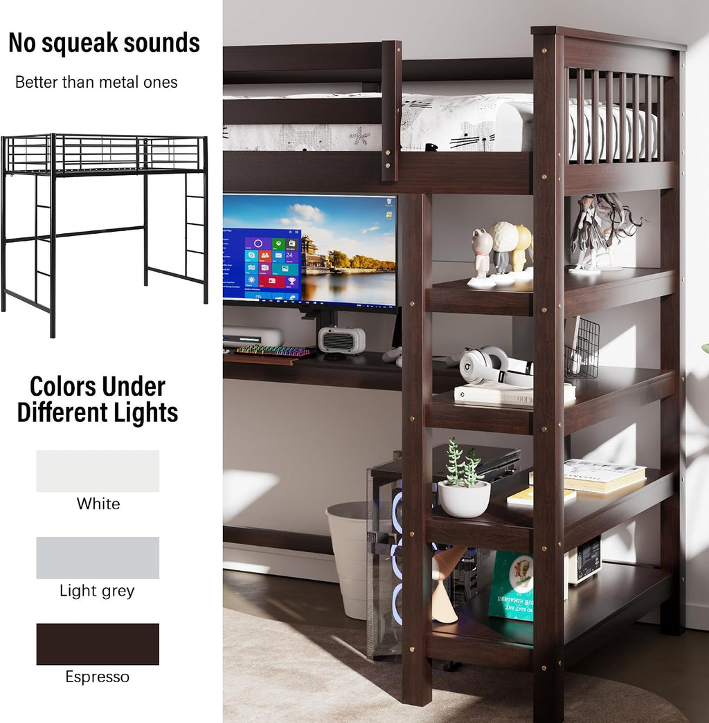 Merax Wood Loft Bed with Desk and Shelves : Twin Size Bed with Storage Shelves and Under-Bed Desk, Twin Loft Bed, Espresso Color