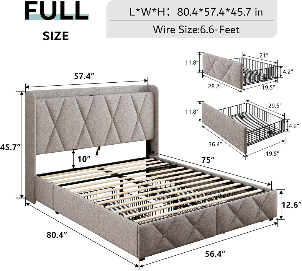 iPormis Full Size Bed Frame with 4 Storage Drawers, Upholstered Platform Bed Frame with Charging Station, Modern Wingback Storage Headboard, Easy Assembly, Light Grey