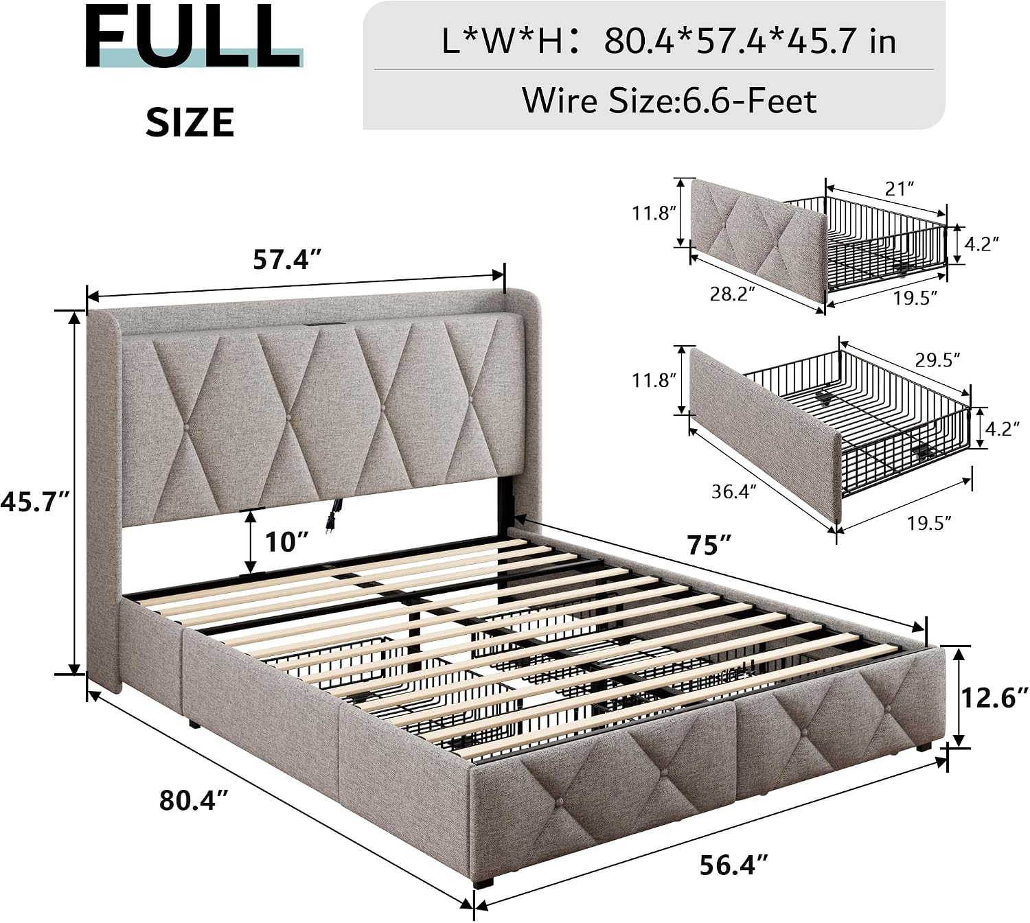 iPormis Full Size Bed Frame with 4 Storage Drawers, Upholstered Platform Bed Frame with Charging Station, Modern Wingback Storage Headboard, Easy Assembly, Light Grey