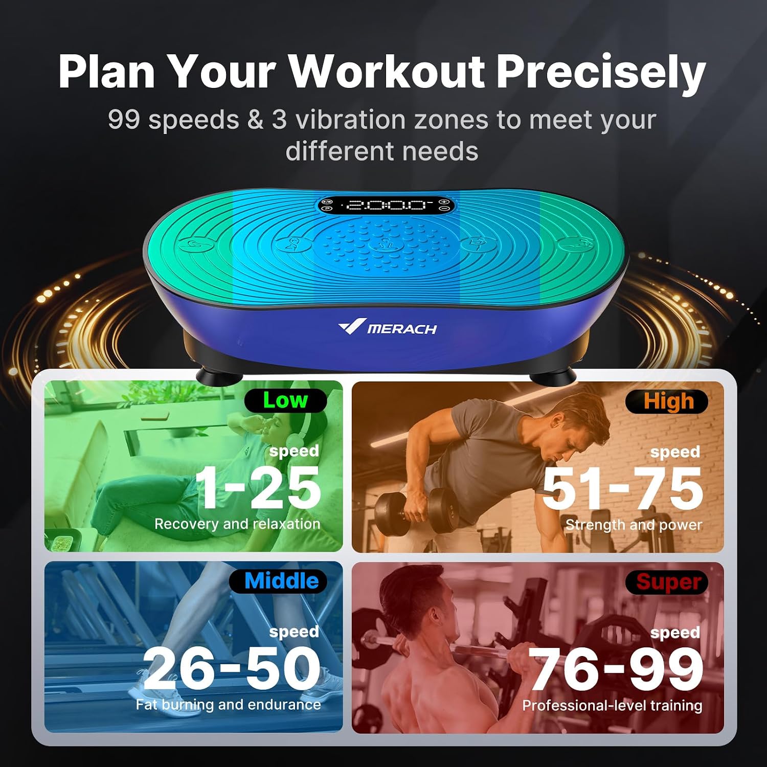 MERACH Vibration Plate Exercise Machine, Vibrating Platform for Lymphatic Drainage Weight Loss Muscle Activation, Full Body Home Exercise Equipment with LED Touch Screen Bluetooth Pull Cord
