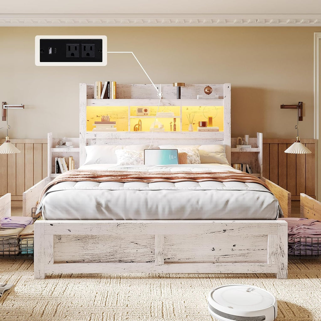 LUXOAK Queen Bed Frame with 49.6' Bookcase Headboard & 4 Drawers & 2 Detachable Bedside Stoage Racks, Farmhouse Wood Bed Frame with RGB LED & Charging Station, No Box Spring Needed, Distressed White