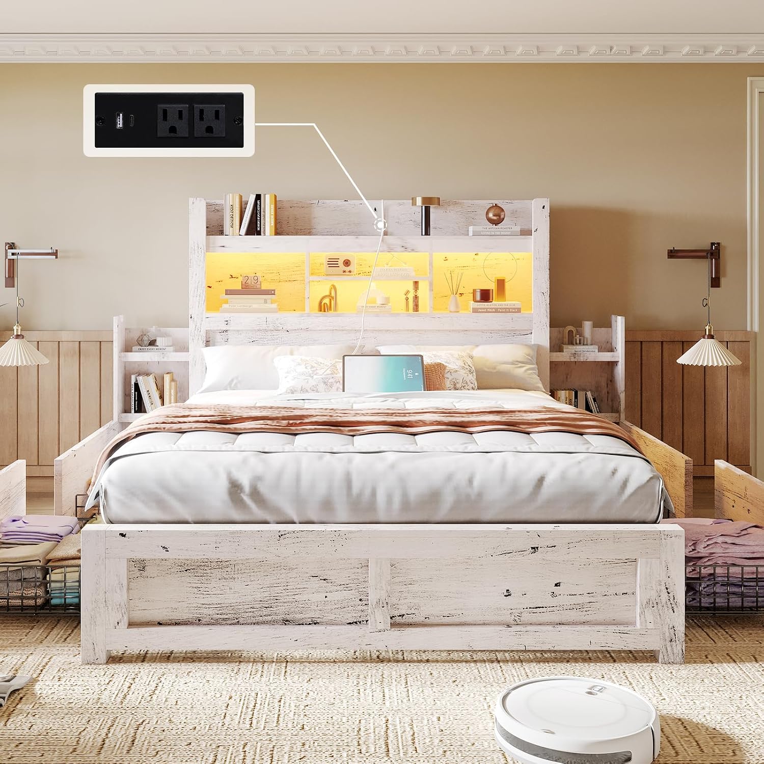 LUXOAK Queen Bed Frame with 49.6' Bookcase Headboard & 4 Drawers & 2 Detachable Bedside Stoage Racks, Farmhouse Wood Bed Frame with RGB LED & Charging Station, No Box Spring Needed, Distressed White