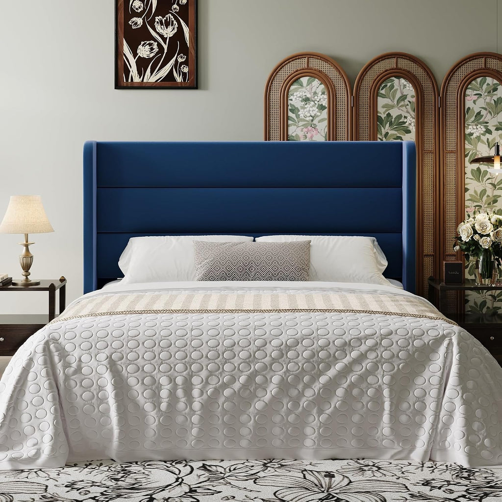 SHA CERLIN Full Size Velvet Bed Frame with Wingback Headboard/Upholstered Platform Bed with Wooden Slats/Mattress Foundation/No Box Spring Needed/Easy Assembly/Blue