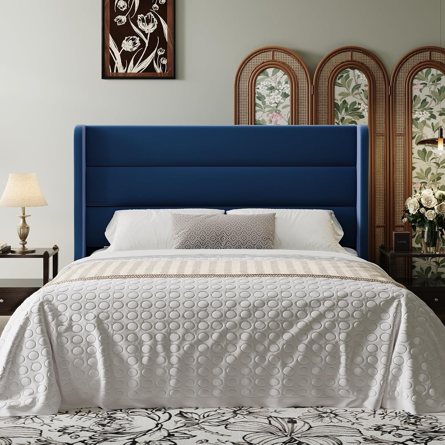 SHA CERLIN Full Size Velvet Bed Frame with Wingback Headboard/Upholstered Platform Bed with Wooden Slats/Mattress Foundation/No Box Spring Needed/Easy Assembly/Blue