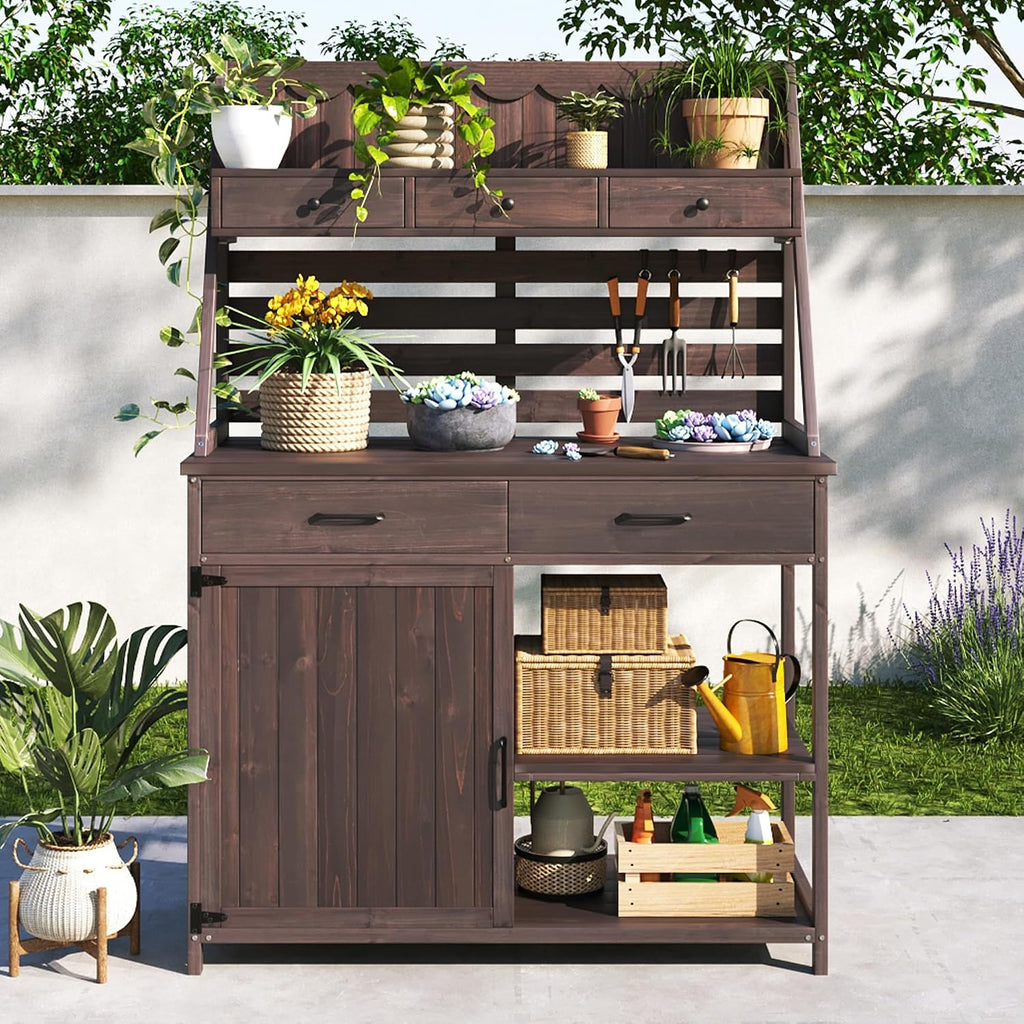 Outdoor Farmhouse Fir Wood Potting Bench Table,5-Drawer Garden Workstation with Slatted Back Panel & Storage Cabinet for Backyard, Mudroom