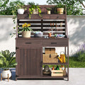 Outdoor Farmhouse Fir Wood Potting Bench Table,5-Drawer Garden Workstation with Slatted Back Panel & Storage Cabinet for Backyard, Mudroom