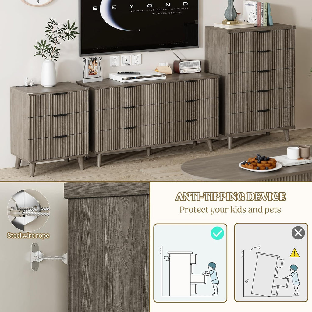 Lulive Wood Dresser for Bedroom with 6 Drawers, 53.2' Long Fluted Modern Chest of Drawers Storage Organizer, Dressers TV Stand for Living Room, Closet, Hallway (Dark Grey Oak)