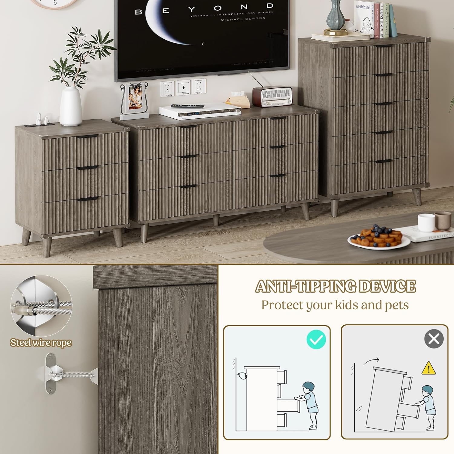 Lulive Wood Dresser for Bedroom with 6 Drawers, 53.2' Long Fluted Modern Chest of Drawers Storage Organizer, Dressers TV Stand for Living Room, Closet, Hallway (Dark Grey Oak)