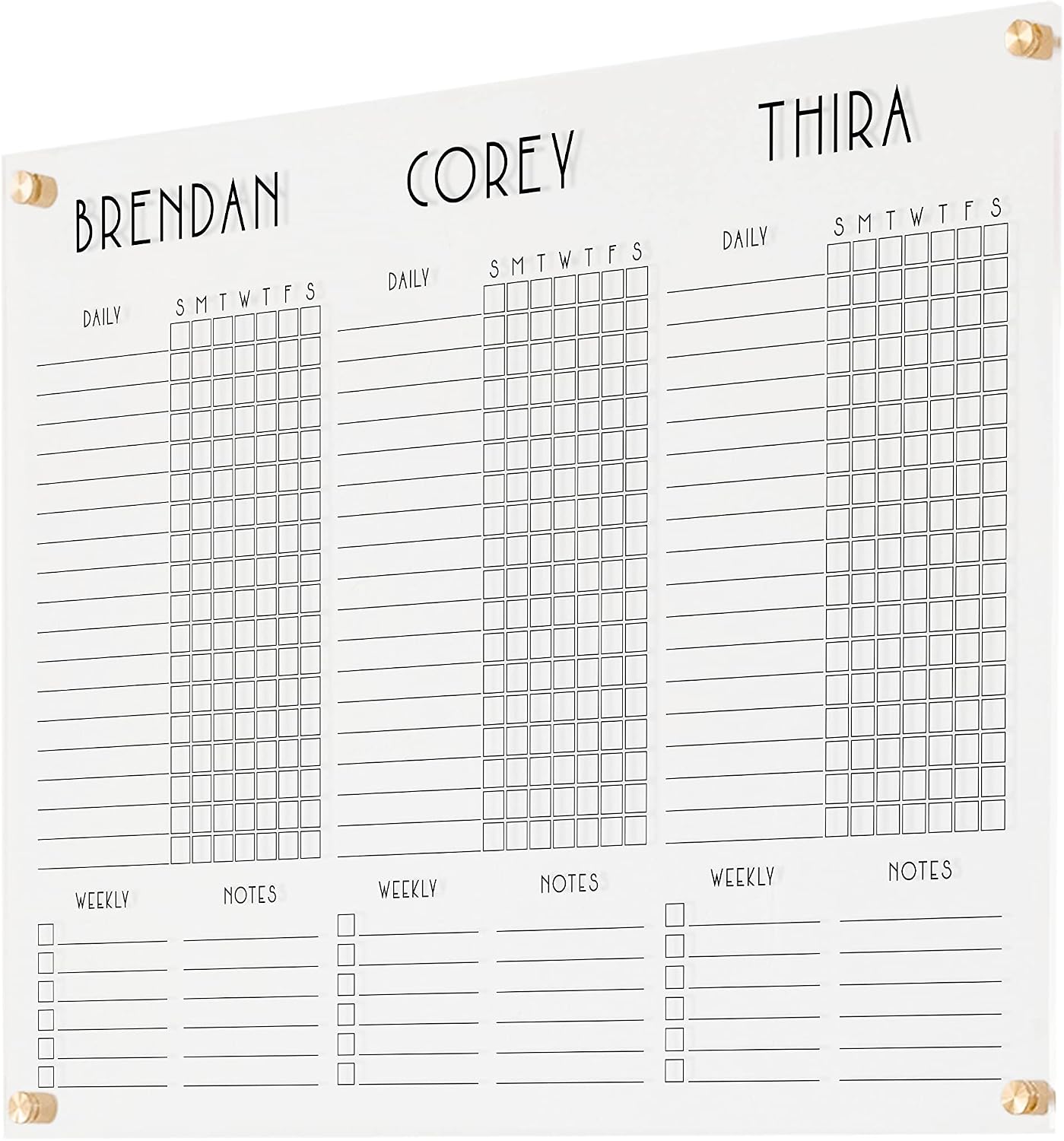 Horizontal Three-Child Clear Acrylic Chore Chart with Custom Sections (31'W x 23'H, Champagne Gold Standoffs)