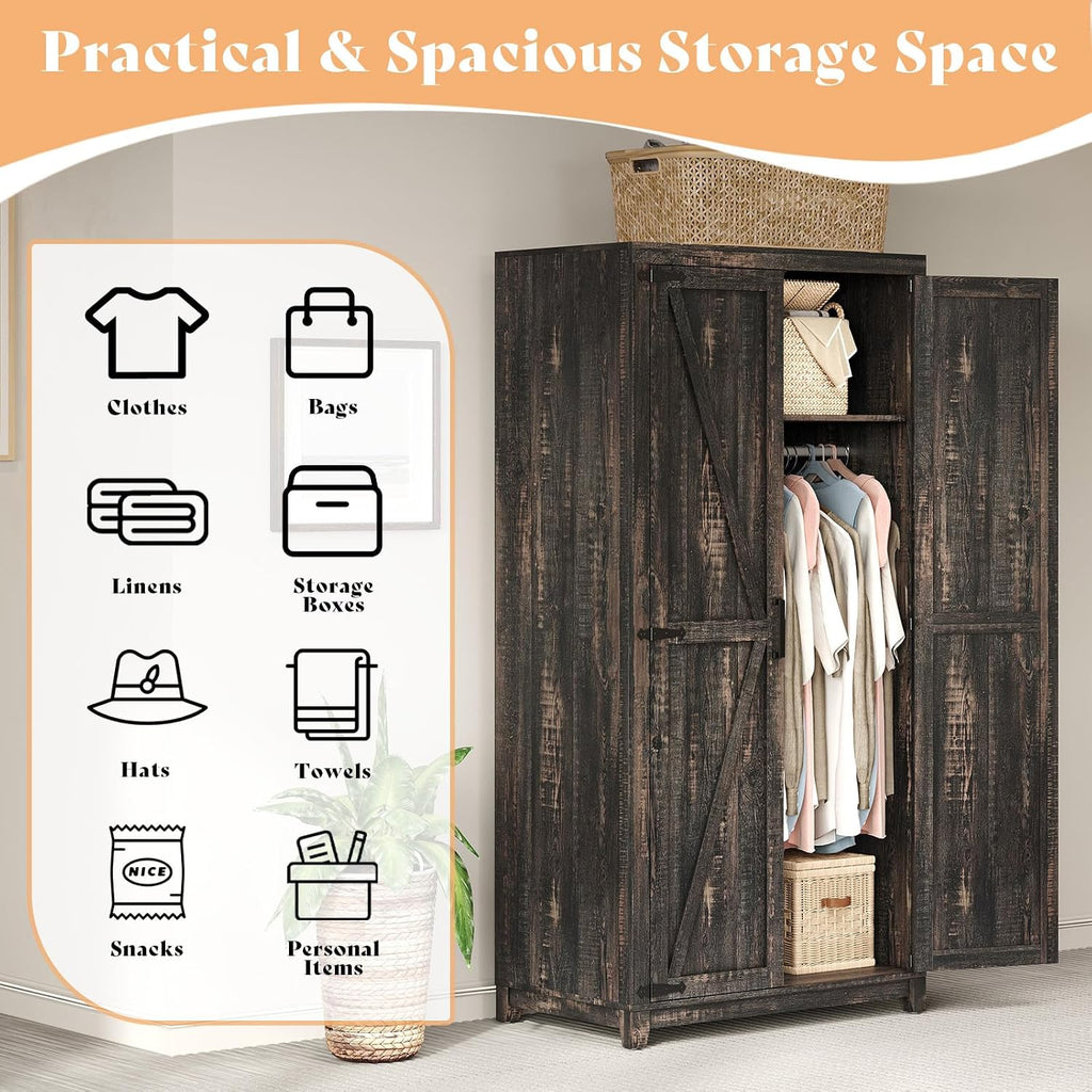AMERLIFE Farmhouse Armoire Wardrobe Closet with 2 Barn Doors, 71'' Storage Cabinet with Hanging Rod & Shelf, Versatile Clothing Storage for Bedroom, Black Oak