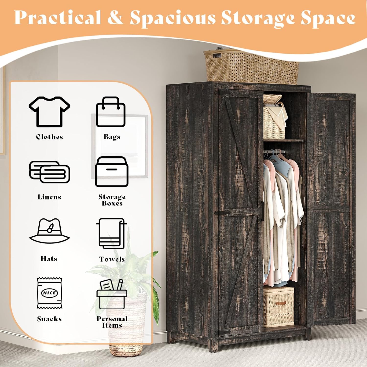 AMERLIFE Farmhouse Armoire Wardrobe Closet with 2 Barn Doors, 71'' Storage Cabinet with Hanging Rod & Shelf, Versatile Clothing Storage for Bedroom, Black Oak
