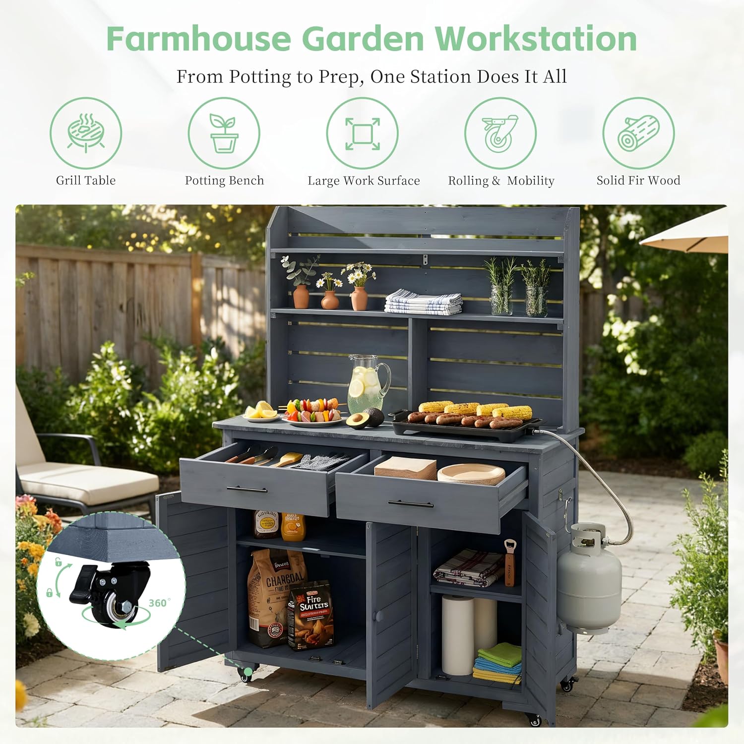 LUMISOL Garden Storage Potting Bench with Lockable Wheels, 65'' H Patio Workstation with Hutch Top, Outdoor Kitchen Island with Drawers, Removal Shelves, and Storage Cabinets, for Grilling, Gray