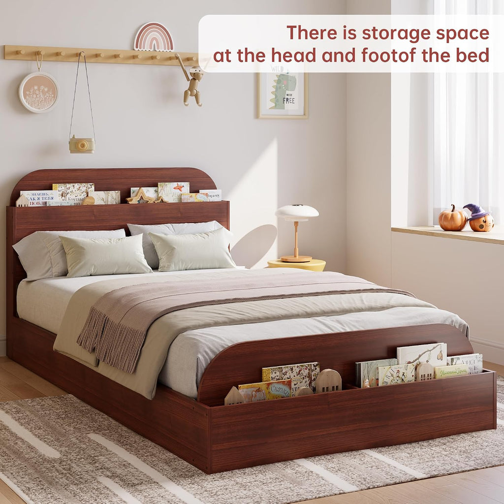 GarveeHome Twin XL Size Bed Frame, Wooden Beds with Storage Headboard and Raised-Foodboard, Twin XL-Floor Low Platform Bed for Bedroom, Sturdy Wooden Slats Support, No Box Spring Needed, Espresso
