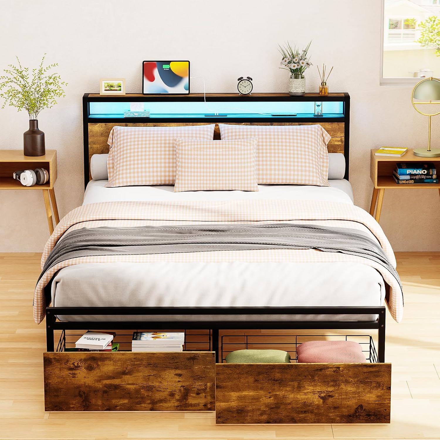 Zevemomo Queen Bed Frame with Drawers, LED Queen Bed Frame with Headboard, Charging Station with 3 USB Ports & 1 Type-C Port, No Noise, Rustic Brown