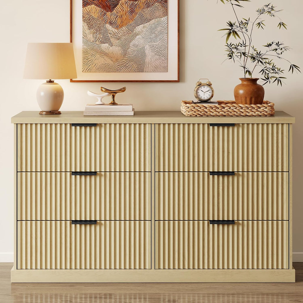 VASAGLE MAXE Collection - 6-Drawer Double Dresser for Bedroom, 54.2-Inch Wide Chest of Drawers, Fluted Panels, Mid Century Modern Storage Dresser, TV Stand for Living Room, Oak Beige ULTS662YC01S