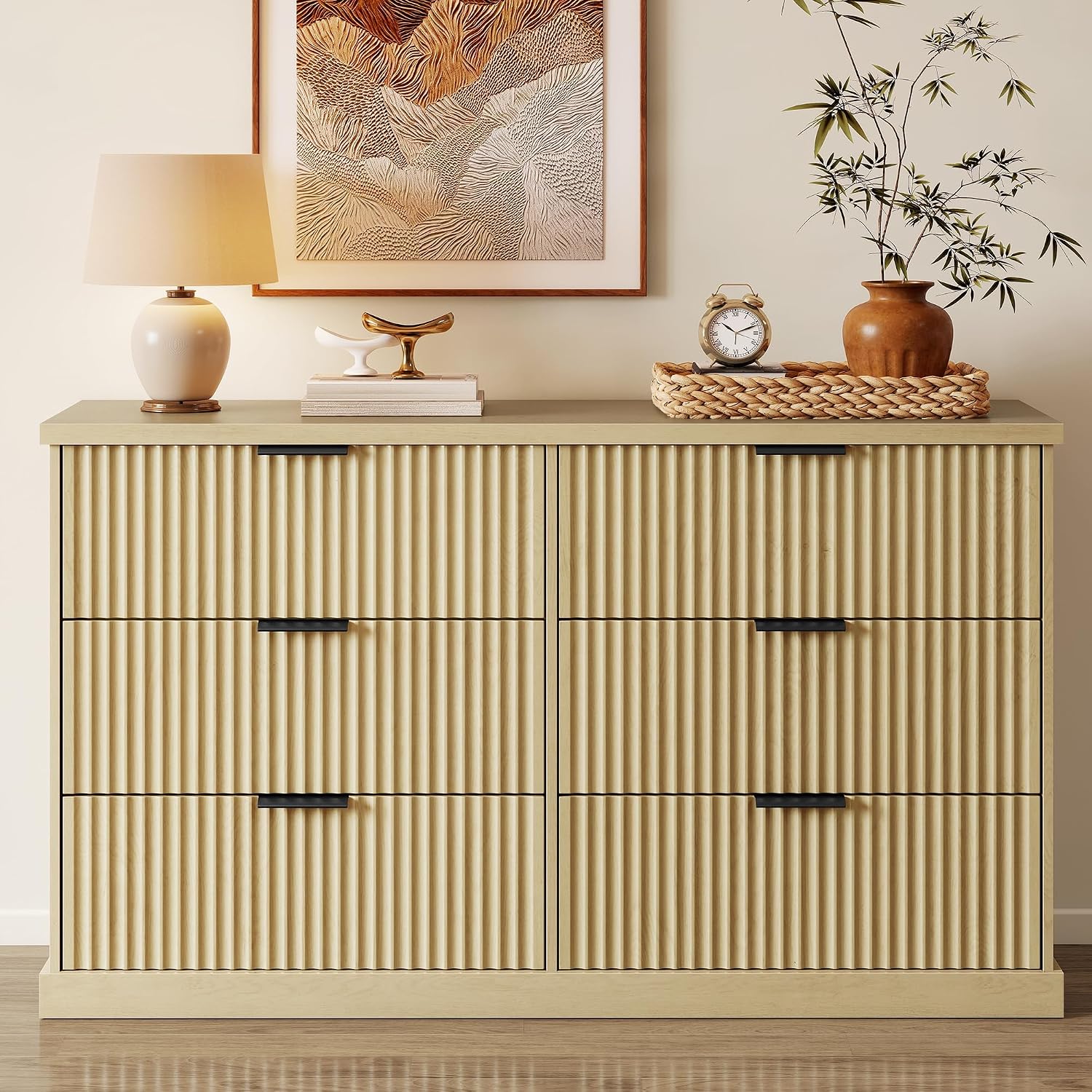 VASAGLE MAXE Collection - 6-Drawer Double Dresser for Bedroom, 54.2-Inch Wide Chest of Drawers, Fluted Panels, Mid Century Modern Storage Dresser, TV Stand for Living Room, Oak Beige ULTS662YC01S