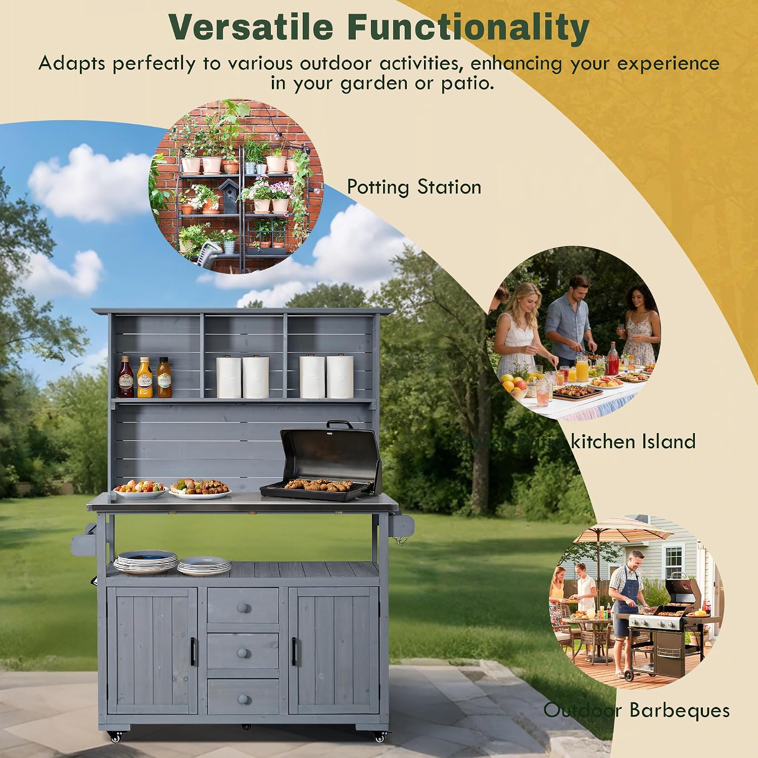 Outdoor Potting Bench Table with Wheels, Wood Garden Workstation with Stainless Steel Top, Side Hooks, Storage Drawers and Cabinets, Farmhouse Potting Table for Outside, Patio, Backyard,Grey